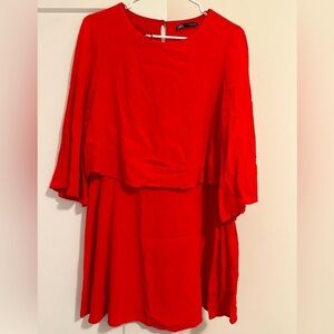 Zara Red Flair Sleeve With Overlay Flowy Dress Size Small Women’s